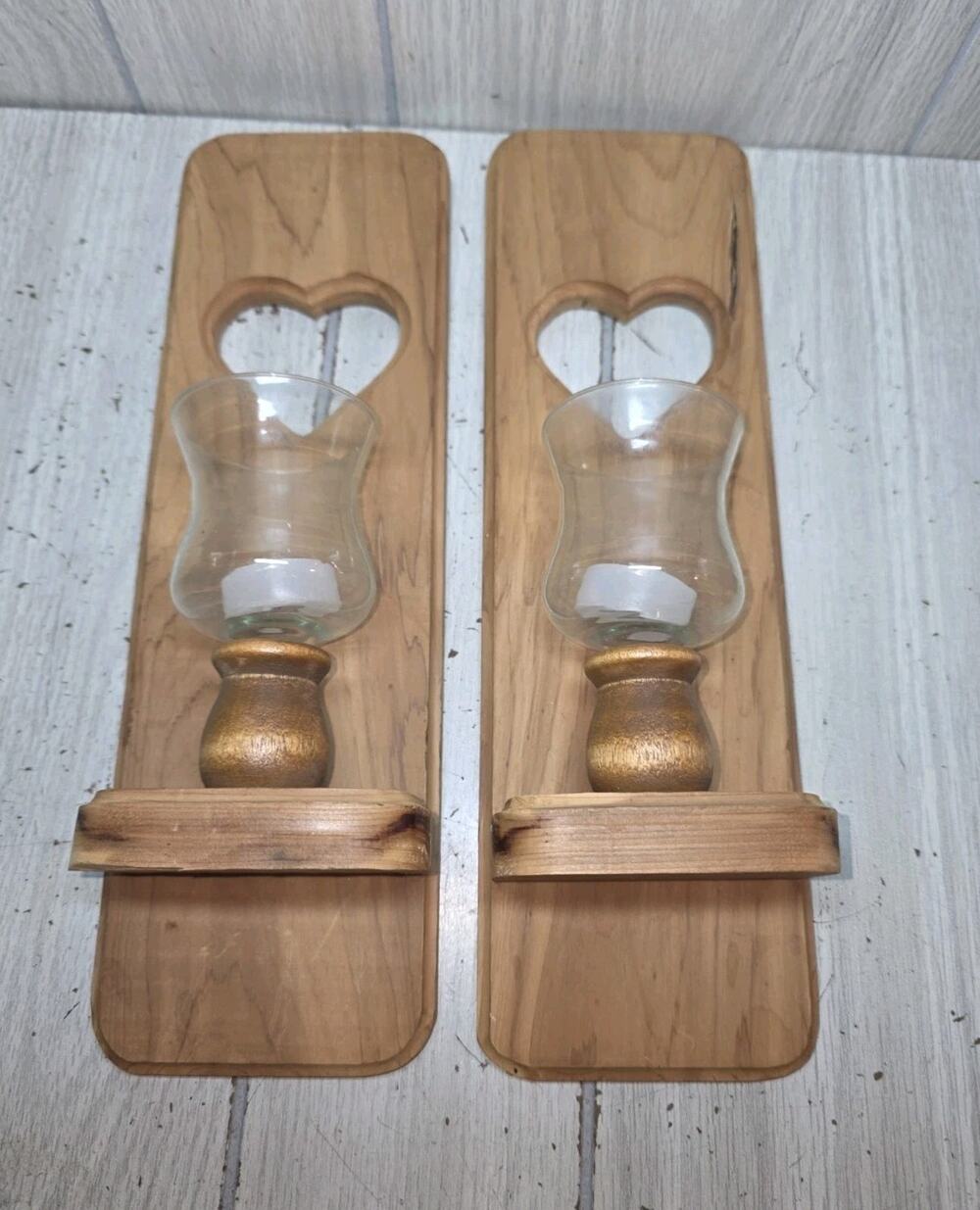 Vintage 90s Wood Heart Sconce Set W/Clear Ruffled Votives Cottagecore Heritage